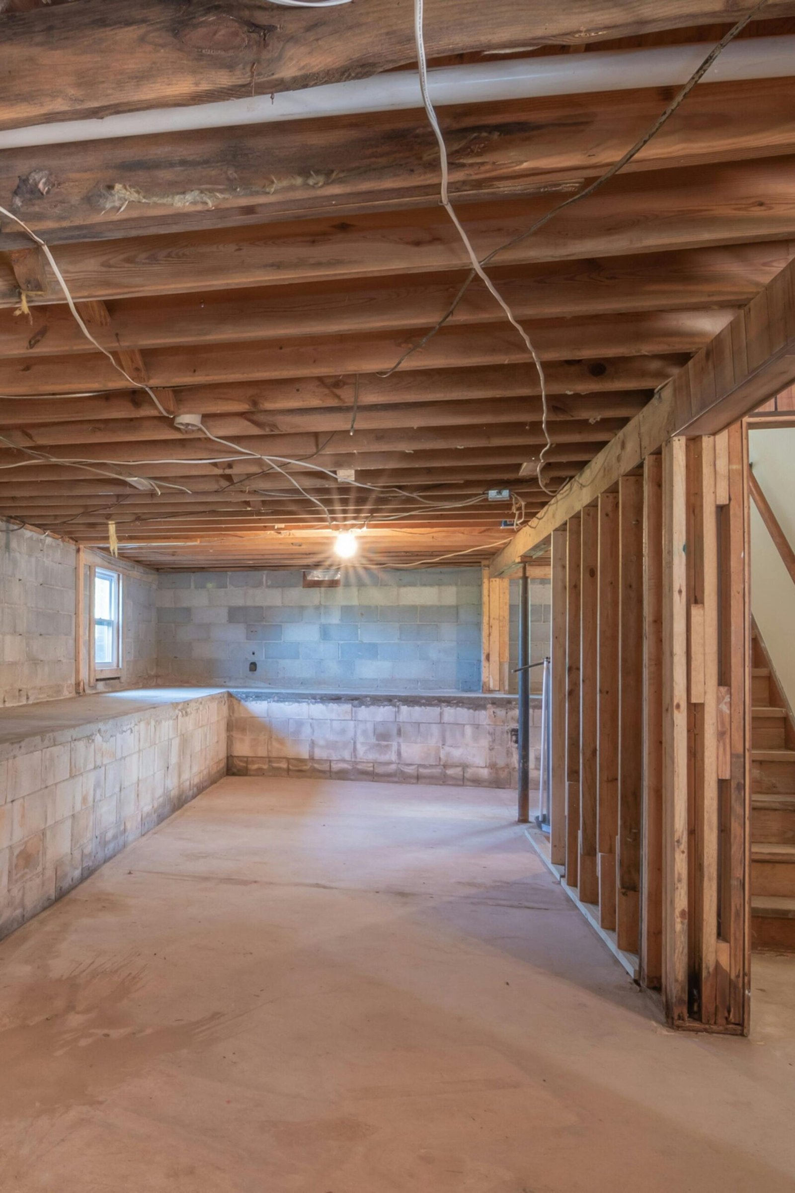Empty basement with exposed wooden beams, concrete walls and stairs.