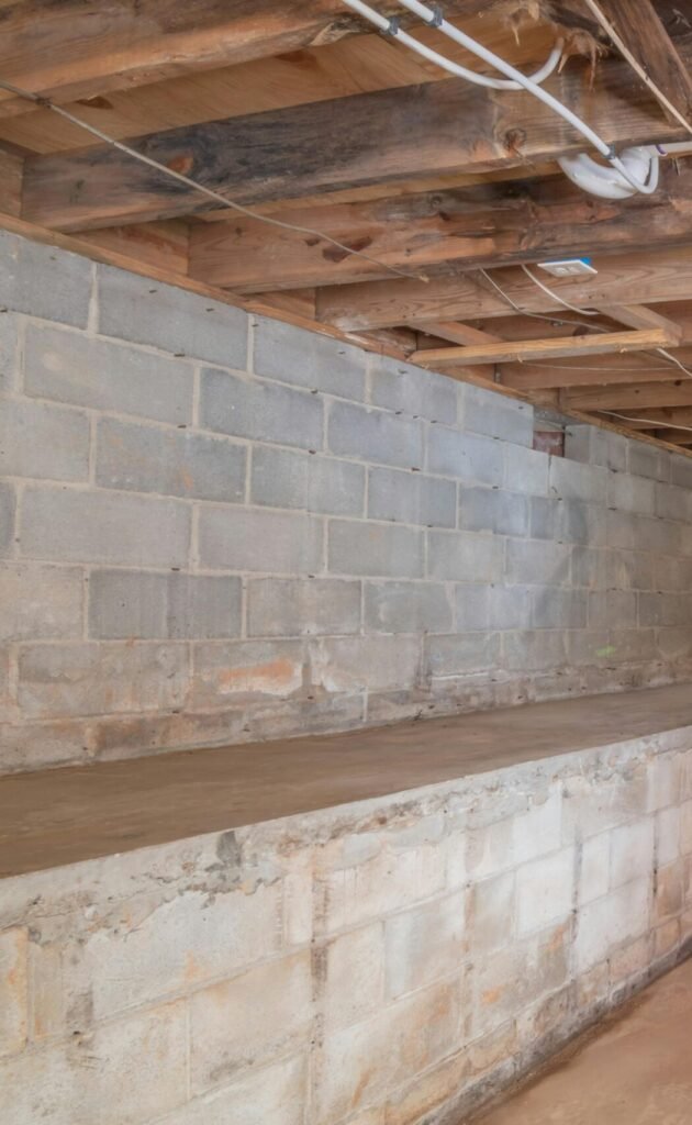 Empty basement with exposed wooden beams, concrete walls and stairs.