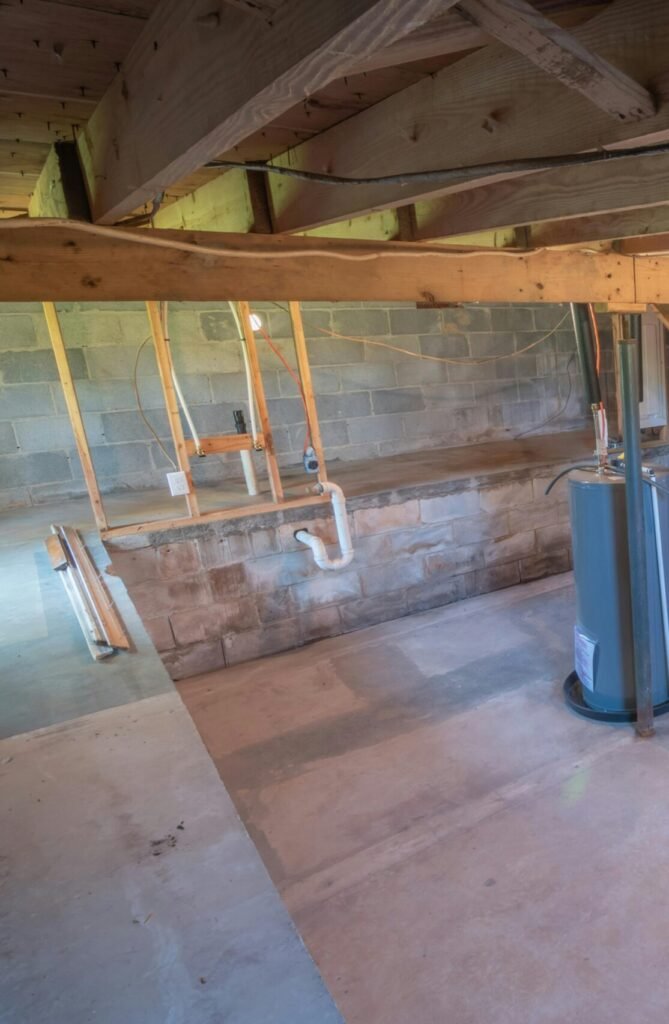 Empty basement with exposed beams and plumbing pipes, ideal for renovation.